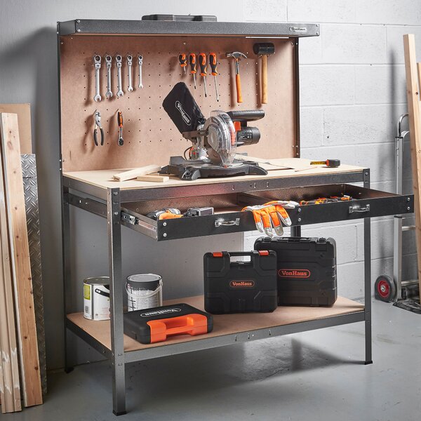 workbench with light and pegboard